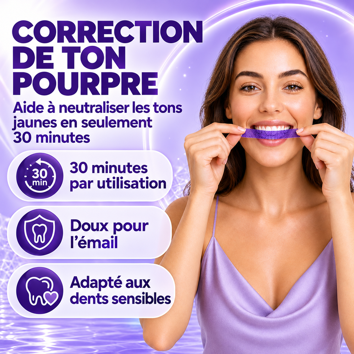 Bandes Dentaires Violettes — Correcteur de Teinte, Sourire Éclatant (7 soins)