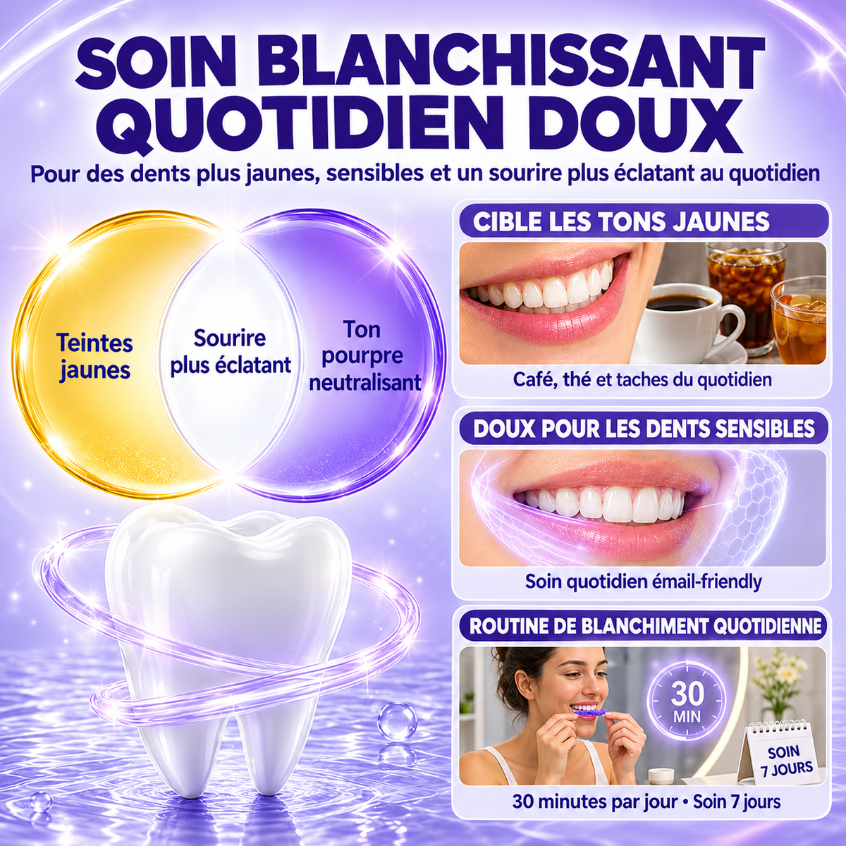 Bandes Dentaires Violettes — Correcteur de Teinte, Sourire Éclatant (7 soins)