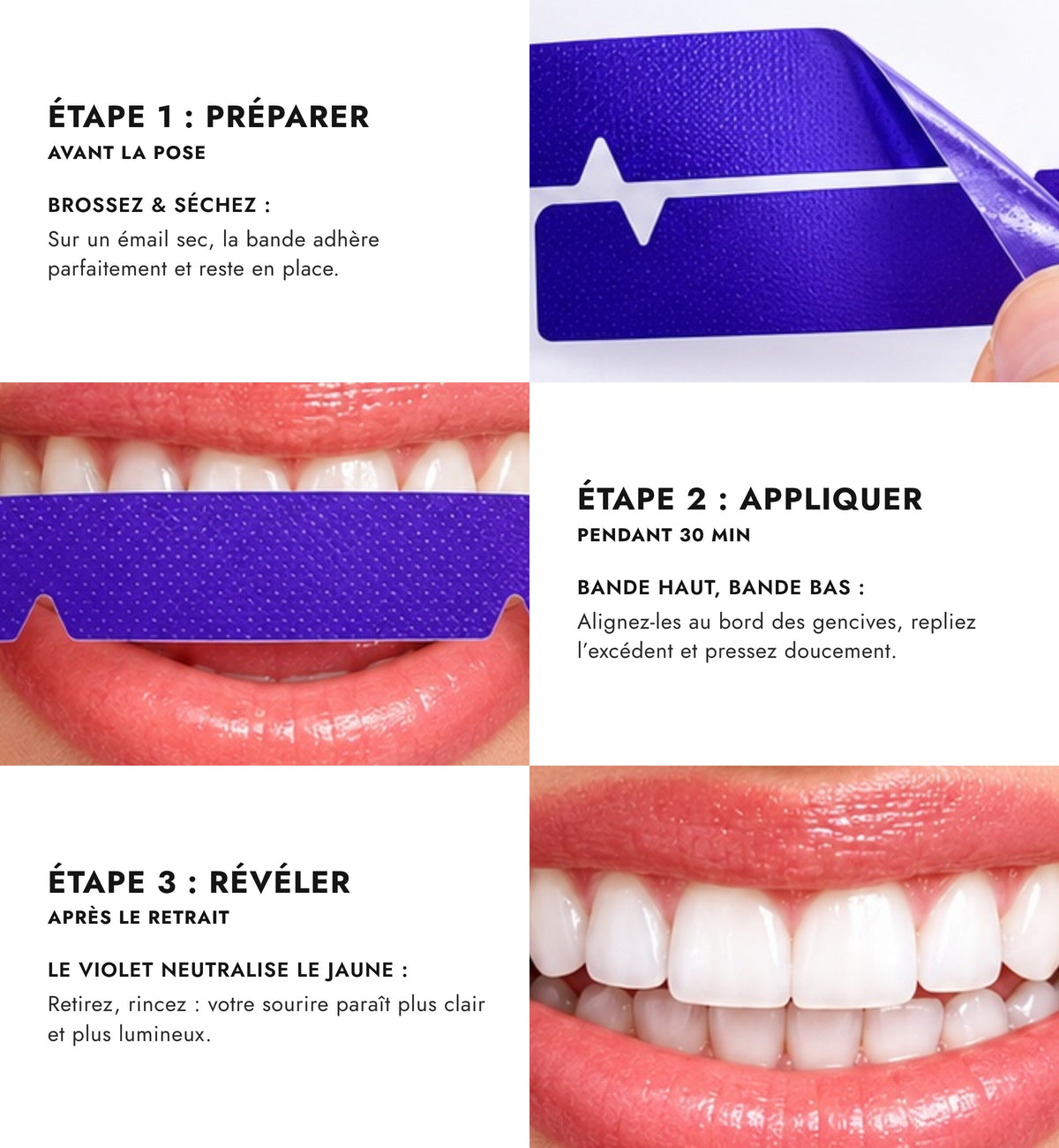 Bandes Dentaires Violettes — Correcteur de Teinte, Sourire Éclatant (7 soins)