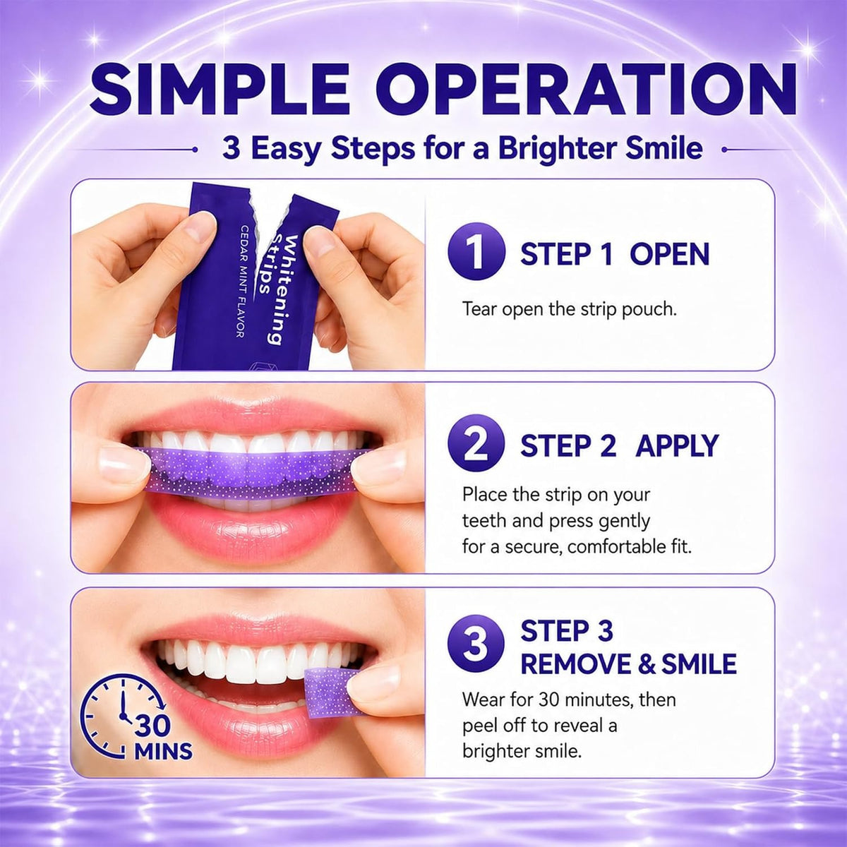Bandes Dentaires Violettes — Correcteur de Teinte, Sourire Éclatant (7 soins)