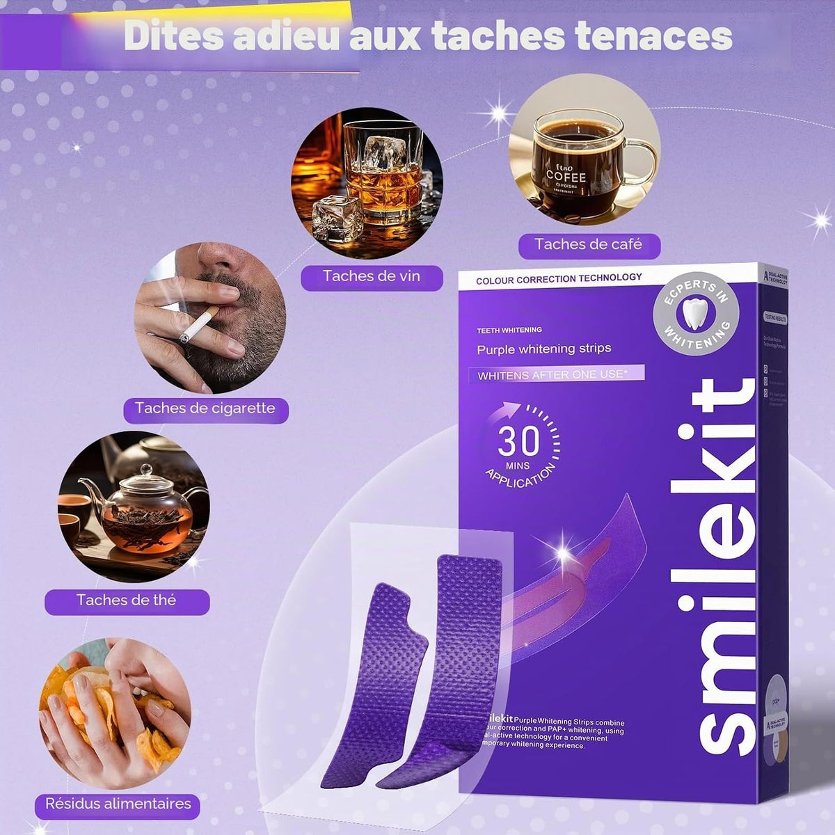 Bandes Dentaires Violettes — Correcteur de Teinte, Sourire Éclatant (7 soins)