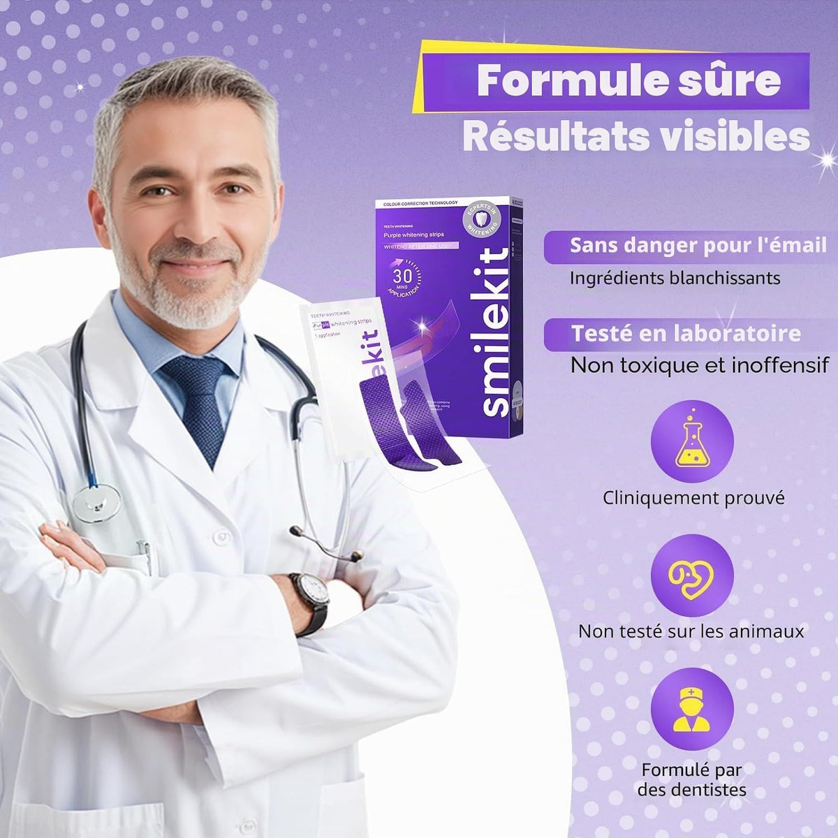 Bandes Dentaires Violettes — Correcteur de Teinte, Sourire Éclatant (7 soins)