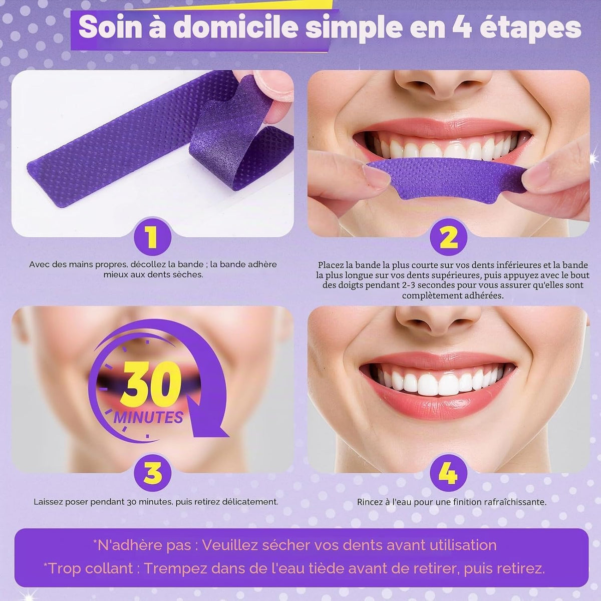 Bandes Dentaires Violettes — Correcteur de Teinte, Sourire Éclatant (7 soins)